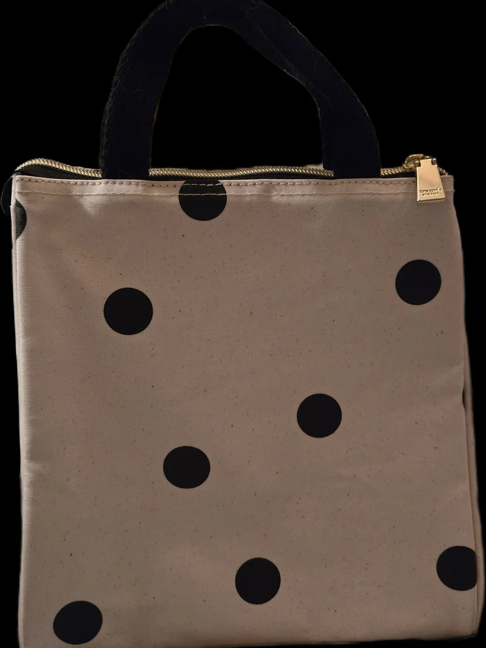 kate spade Beige Canvas Lunch Tote w Black Polka Dots,Gold Zipper,Snaps 10x9x6